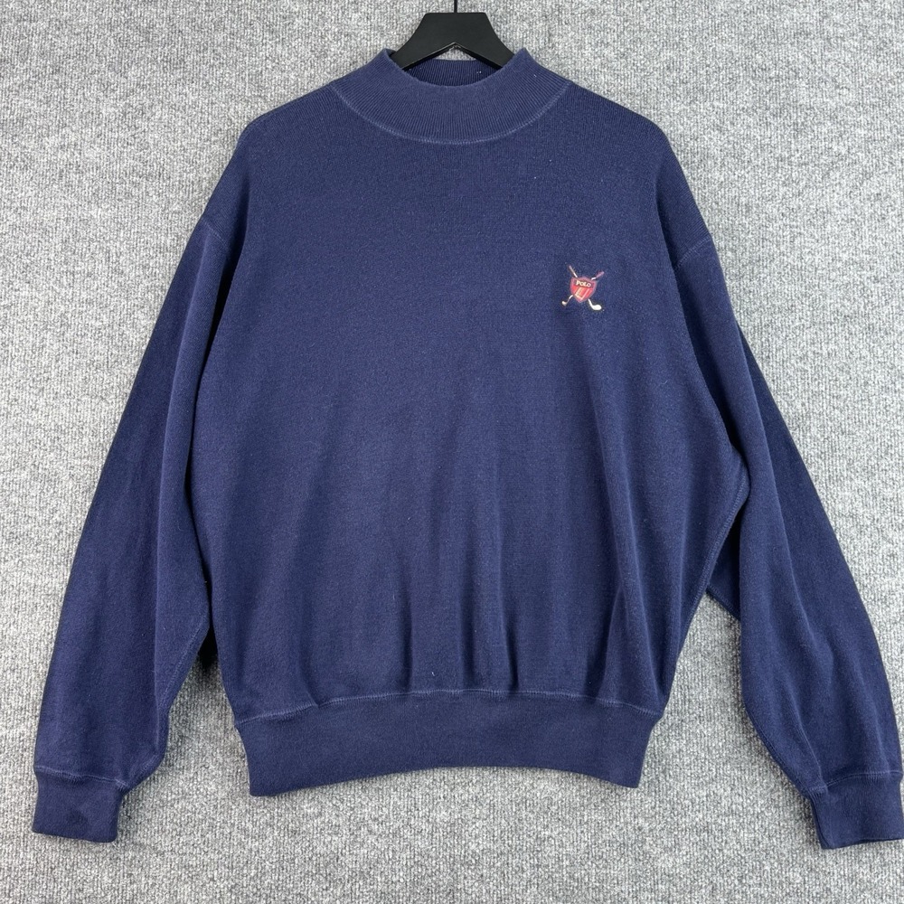 Polo Golf Ralph Lauren Sweater Mens XL Navy Cotton Mock Neck Crest Logo Fleece